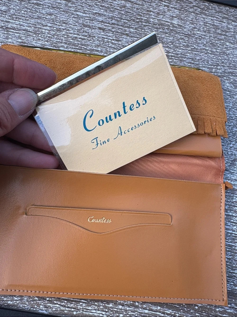 Vintage Suede Fringe Clutch Wallet in Cognac Brown